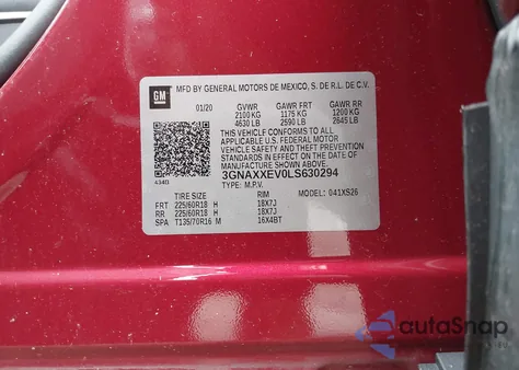 2020 Chevrolet Equinox Awd Premier 1.5L Turbo из США, поврежденный, VIN 3GNAXXEV0LS630294